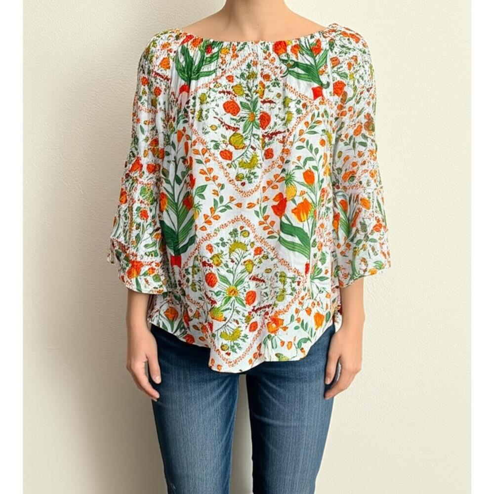 Cato Off Shoulder Floral Boho Blouse Women’s Large NWOT White Tropical Print